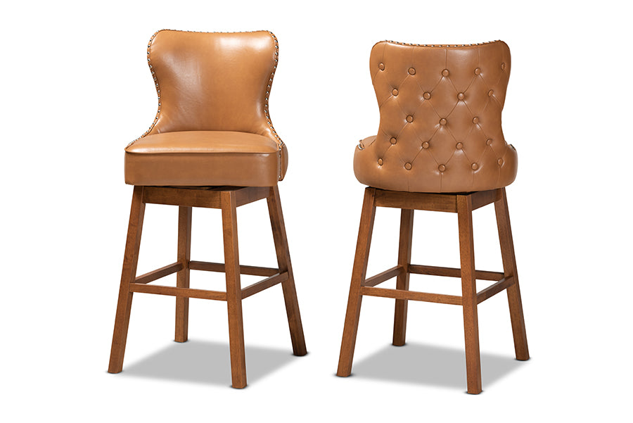 Baxton Studio Gradisca Modern and Contemporary Tan Faux Leather Upholstered and Walnut Brown Finished Wood 2-Piece Swivel Bar Stool Set | Bar Stools | Modishstore - 8