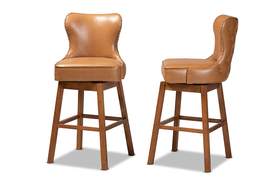 Baxton Studio Gradisca Modern and Contemporary Tan Faux Leather Upholstered and Walnut Brown Finished Wood 2-Piece Swivel Bar Stool Set | Bar Stools | Modishstore - 7