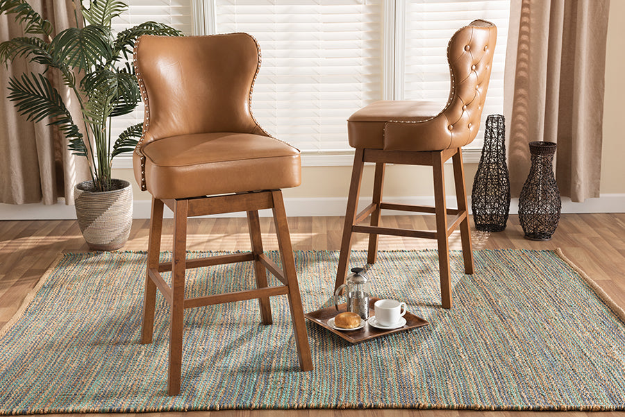 Baxton Studio Gradisca Modern and Contemporary Tan Faux Leather Upholstered and Walnut Brown Finished Wood 2-Piece Swivel Bar Stool Set | Bar Stools | Modishstore