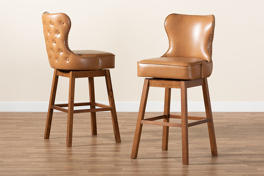 Baxton Studio Gradisca Modern and Contemporary Tan Faux Leather Upholstered and Walnut Brown Finished Wood 2-Piece Swivel Bar Stool Set | Bar Stools | Modishstore - 3