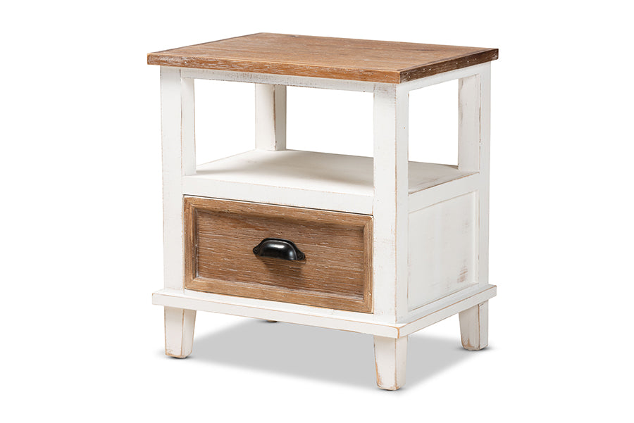 baxton studio glynn rustic farmhouse weathered two tone white and oak brown finished wood 1 drawer nightstand | Modish Furniture Store-2