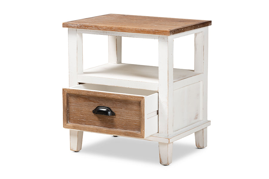 baxton studio glynn rustic farmhouse weathered two tone white and oak brown finished wood 1 drawer nightstand | Modish Furniture Store-3