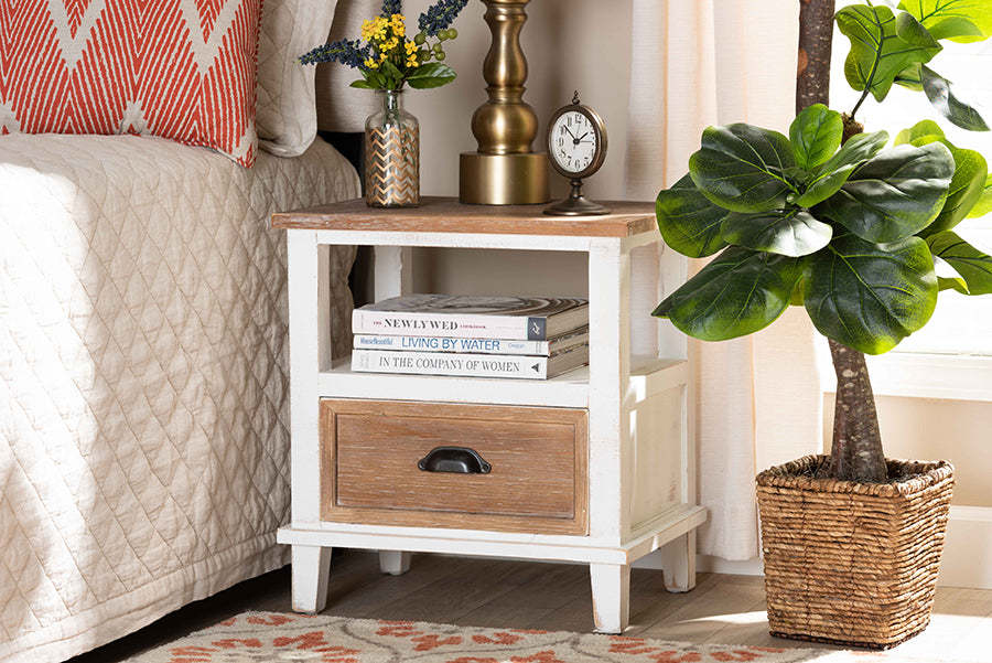 Baxton Studio Glynn Rustic Farmhouse Weathered Two-Tone White and Oak Brown Finished Wood 1-Drawer Nightstand | Modishstore | Nightstands