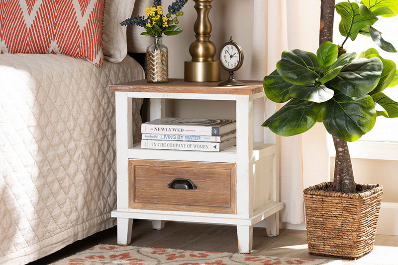 Baxton Studio Glynn Rustic Farmhouse Weathered Two-Tone White and Oak Brown Finished Wood 1-Drawer Nightstand | Modishstore | Nightstands