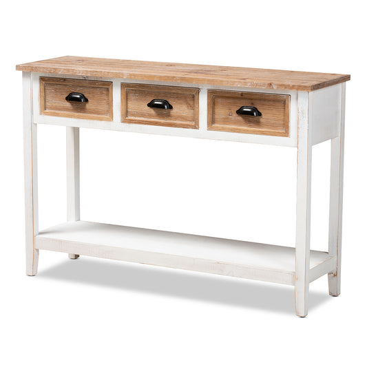 Baxton Studio Benedict Traditional Farmhouse and Rustic Two-Tone White and Oak Brown Finished Wood 3-Drawer Console Table | Console Tables | Modishstore