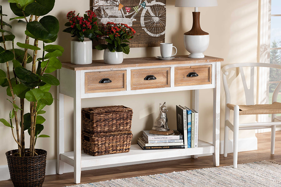 Baxton Studio Benedict Traditional Farmhouse and Rustic Two-Tone White and Oak Brown Finished Wood 3-Drawer Console Table | Console Tables | Modishstore - 2