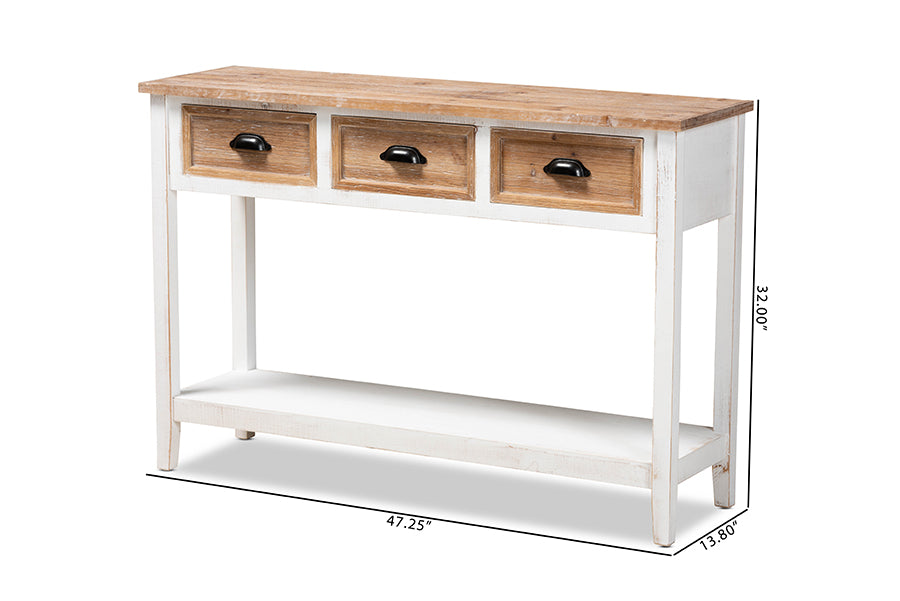 Baxton Studio Benedict Traditional Farmhouse and Rustic Two-Tone White and Oak Brown Finished Wood 3-Drawer Console Table | Console Tables | Modishstore - 7
