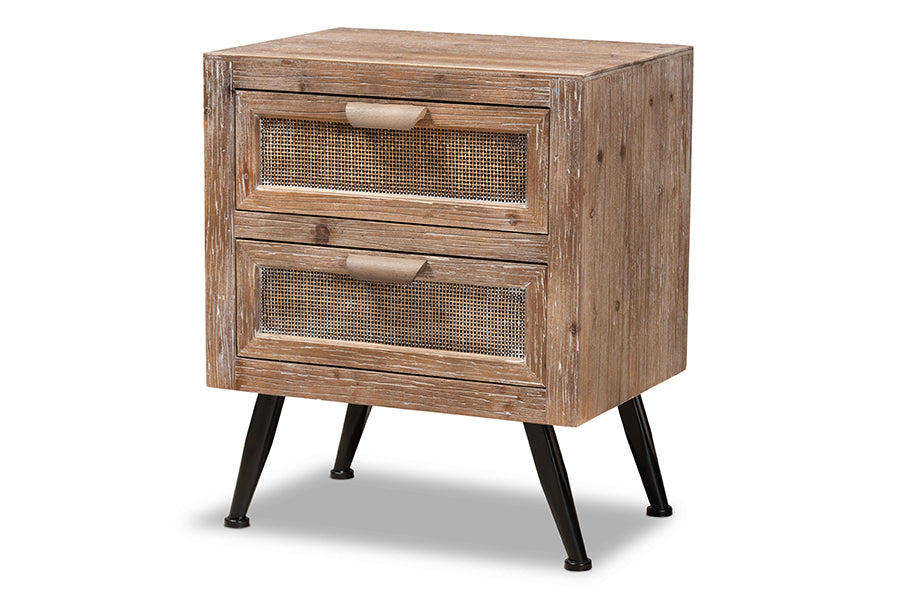 baxton studio calida mid century modern whitewashed natural brown finished wood and rattan 2 drawer nightstand | Modish Furniture Store-2