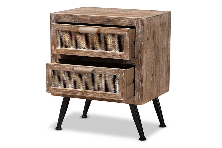 baxton studio calida mid century modern whitewashed natural brown finished wood and rattan 2 drawer nightstand | Modish Furniture Store-3