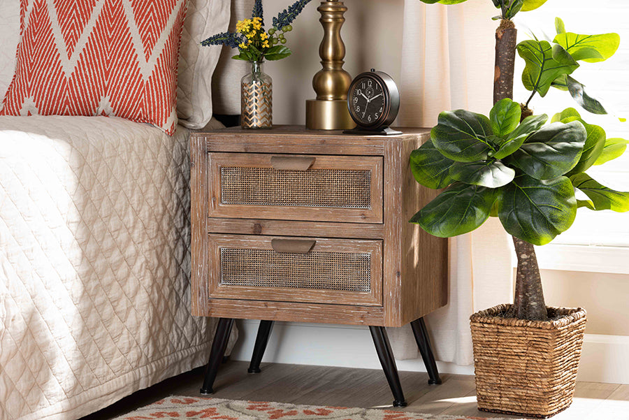 Baxton Studio Calida Mid-Century Modern Whitewashed Natural Brown Finished Wood and Rattan 2-Drawer Nightstand | Modishstore | Nightstands
