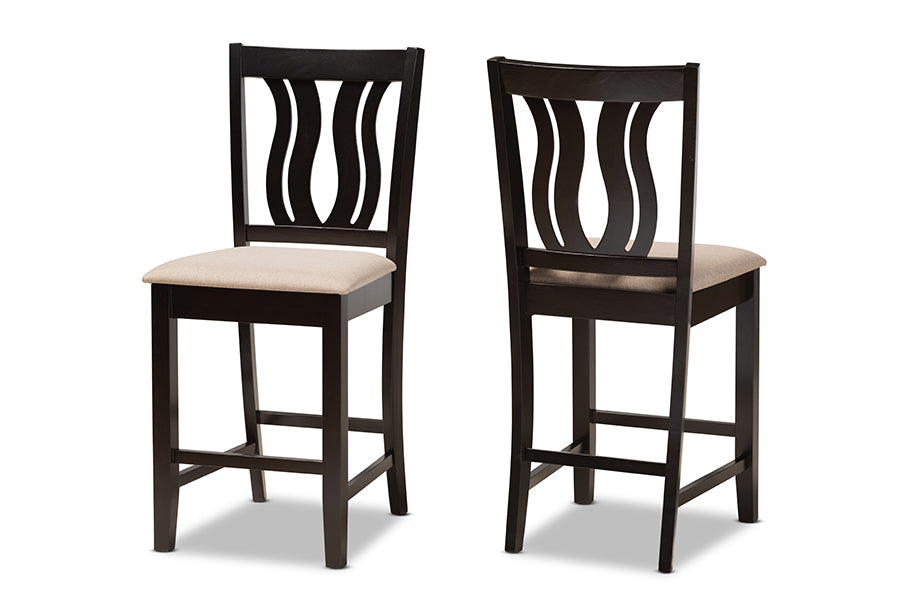 baxton studio fenton modern and contemporary transitional sand fabric upholstered and dark brown finished wood 2 piece counter stool set | Modish Furniture Store-2