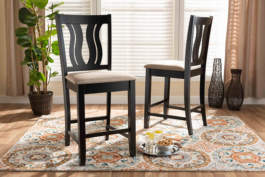 Baxton Studio Fenton Modern and Contemporary Transitional Sand Fabric Upholstered and Dark Brown Finished Wood 2-Piece Counter Stool Set | Modishstore | Counter Stools