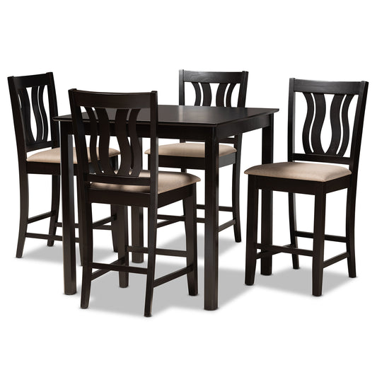 Baxton Studio Fenton Modern and Contemporary Transitional Sand Fabric Upholstered and Dark Brown Finished Wood 5-Piece Pub Set | Bar Stools & Table | Modishstore