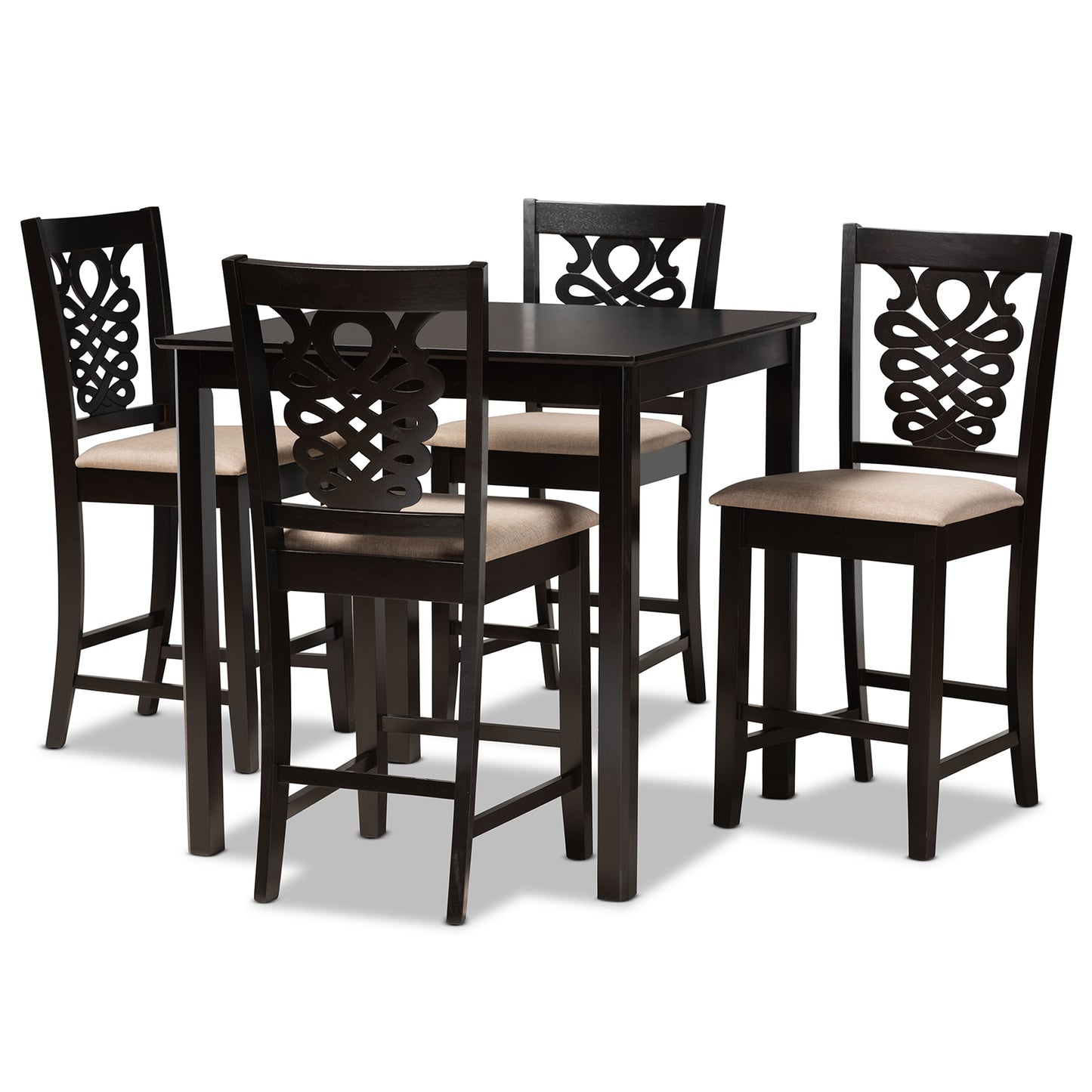 Baxton Studio Gervais Modern and Contemporary Transitional Sand Fabric Upholstered and Dark Brown Finished Wood 5-Piece Pub Set | Bar Stools & Table | Modishstore