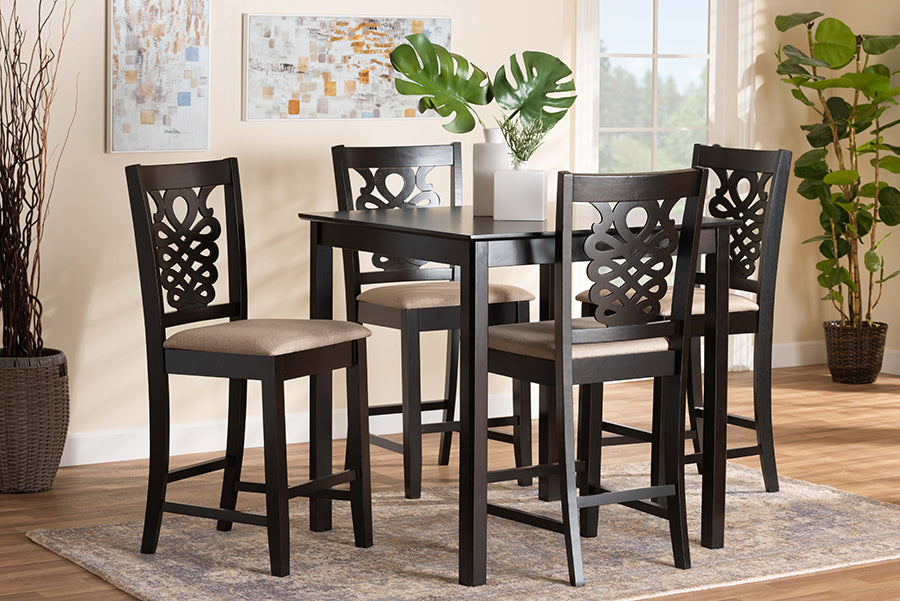 Baxton Studio Gervais Modern and Contemporary Transitional Sand Fabric Upholstered and Dark Brown Finished Wood 5-Piece Pub Set | Bar Stools & Table | Modishstore - 2