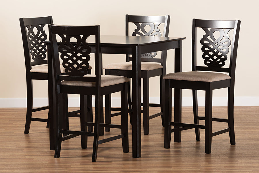 Baxton Studio Gervais Modern and Contemporary Transitional Sand Fabric Upholstered and Dark Brown Finished Wood 5-Piece Pub Set | Bar Stools & Table | Modishstore - 3
