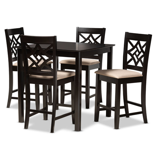 Baxton Studio Nicolette Modern and Contemporary Sand Fabric Upholstered and Dark Brown Finished Wood 5-Piece Pub Set | Dining Sets | Modishstore
