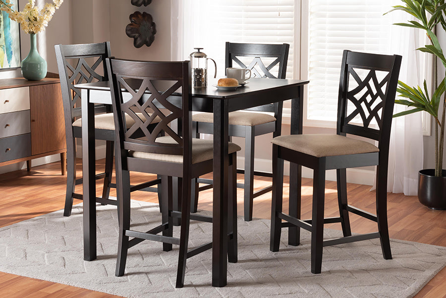 Baxton Studio Nicolette Modern and Contemporary Sand Fabric Upholstered and Dark Brown Finished Wood 5-Piece Pub Set | Dining Sets | Modishstore - 2