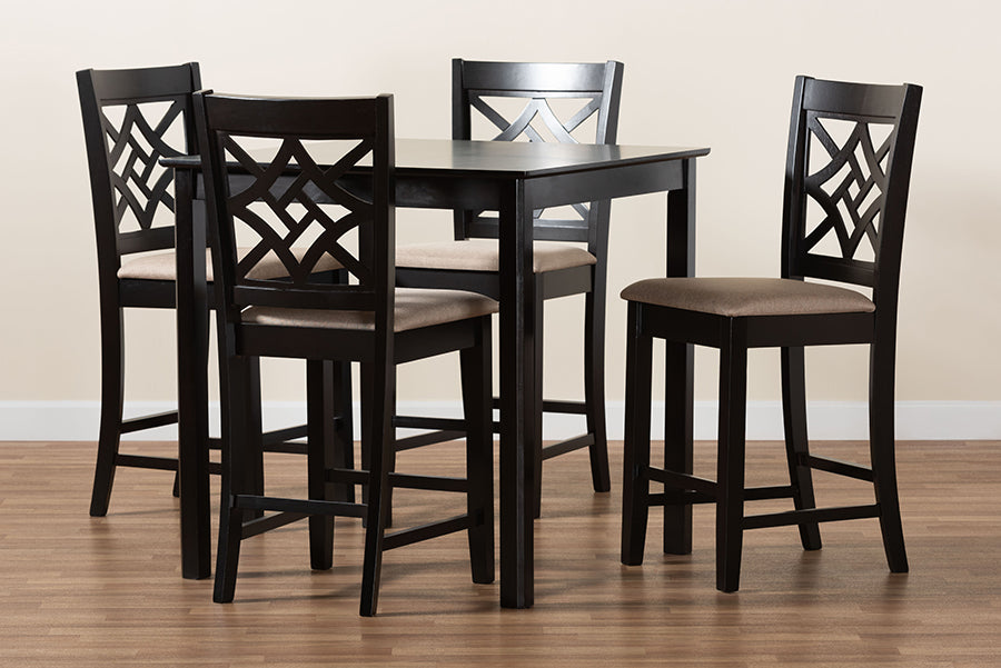 Baxton Studio Nicolette Modern and Contemporary Sand Fabric Upholstered and Dark Brown Finished Wood 5-Piece Pub Set | Dining Sets | Modishstore - 3