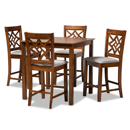 Baxton Studio Nicolette Modern and Contemporary Grey Fabric Upholstered and Walnut Brown Finished Wood 5-Piece Pub Set | Dining Sets | Modishstore