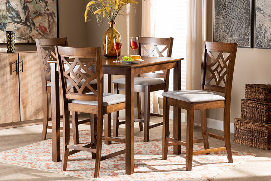 Baxton Studio Nicolette Modern and Contemporary Grey Fabric Upholstered and Walnut Brown Finished Wood 5-Piece Pub Set | Dining Sets | Modishstore - 2