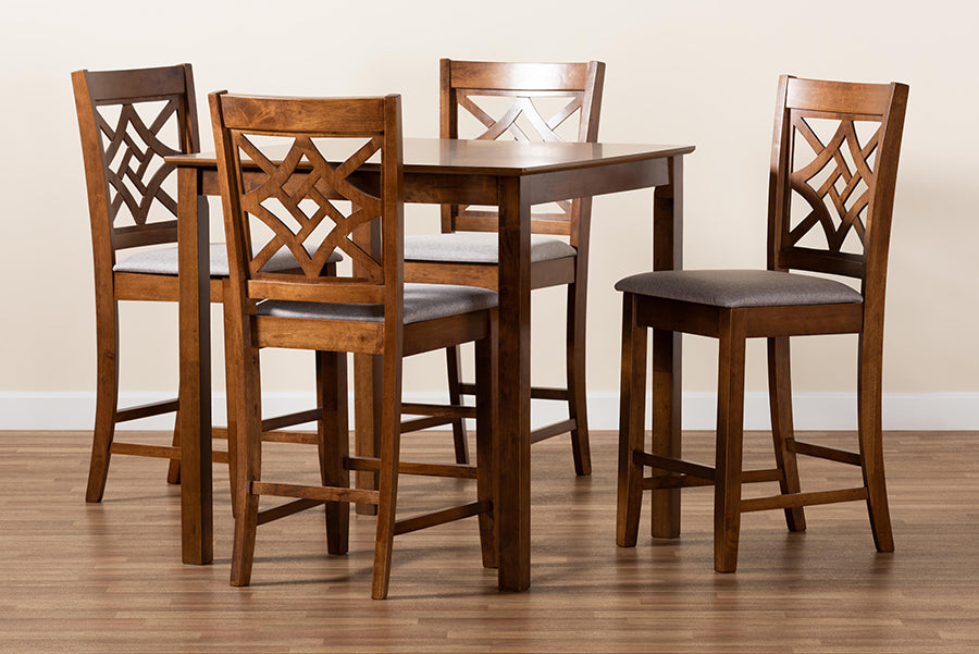 Baxton Studio Nicolette Modern and Contemporary Grey Fabric Upholstered and Walnut Brown Finished Wood 5-Piece Pub Set | Dining Sets | Modishstore - 3