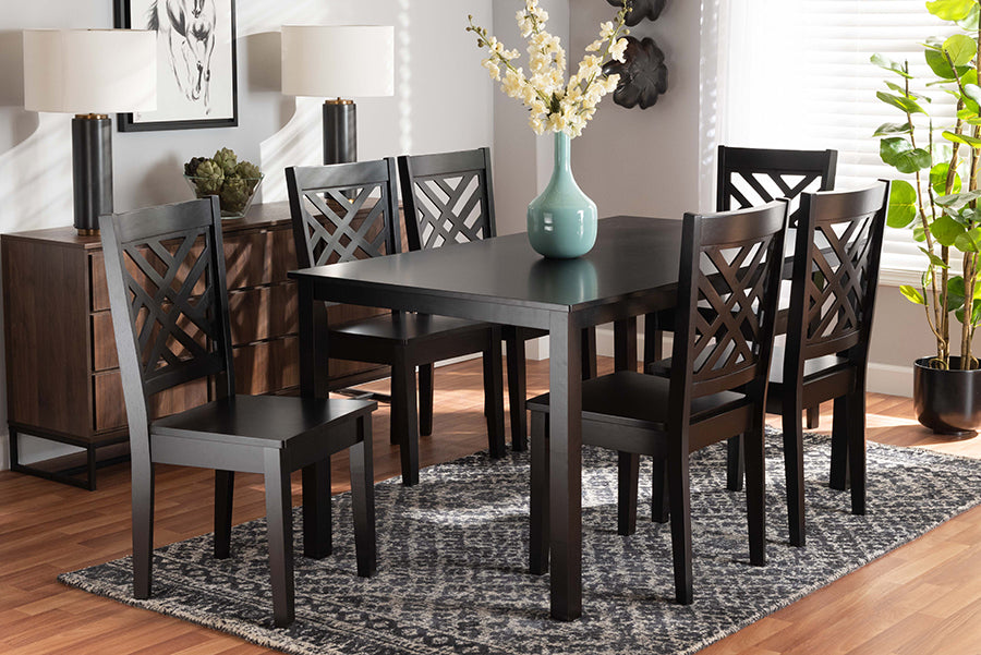 Baxton Studio Ani Modern and Contemporary Dark Brown Finished Wood 7-Piece Dining Set | Modishstore | Dining Sets