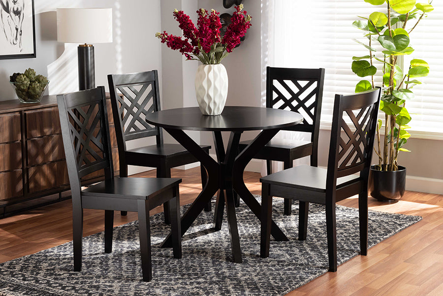 baxton studio ela modern and contemporary dark brown finished wood 5 piece dining set | Modish Furniture Store-2