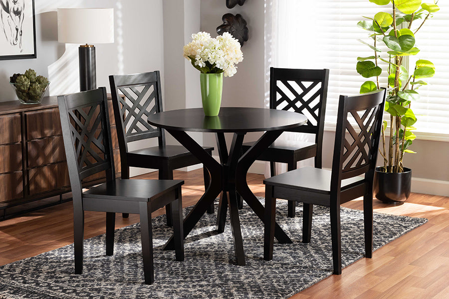 baxton studio ela modern and contemporary dark brown finished wood 5 piece dining set | Modish Furniture Store-3
