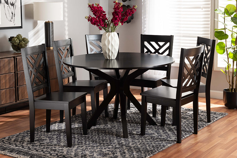 baxton studio ela modern and contemporary dark brown finished wood 7 piece dining set | Modish Furniture Store-2