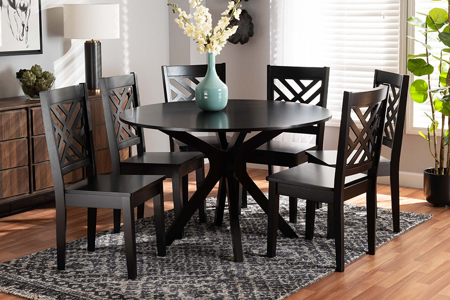 baxton studio ela modern and contemporary dark brown finished wood 7 piece dining set | Modish Furniture Store-3