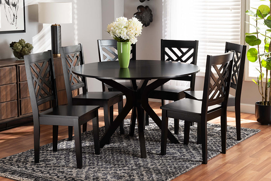 Baxton Studio Ela Modern and Contemporary Dark Brown Finished Wood 7-Piece Dining Set | Modishstore | Dining Sets