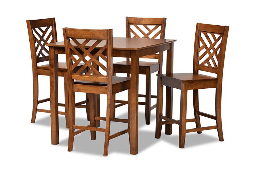 baxton studio caron modern and contemporary walnut brown finished wood 5 piece pub set | Modish Furniture Store-2