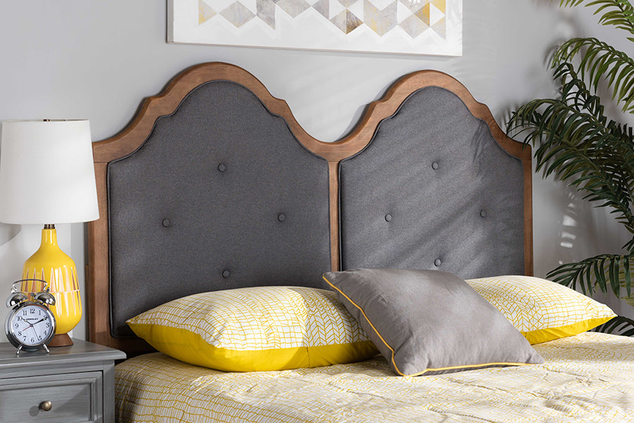 Baxton Studio Falk Vintage Classic Traditional Dark Grey Fabric Upholstered and Walnut Brown Finished Wood Queen Size Arched Headboard | Headboards | Modishstore