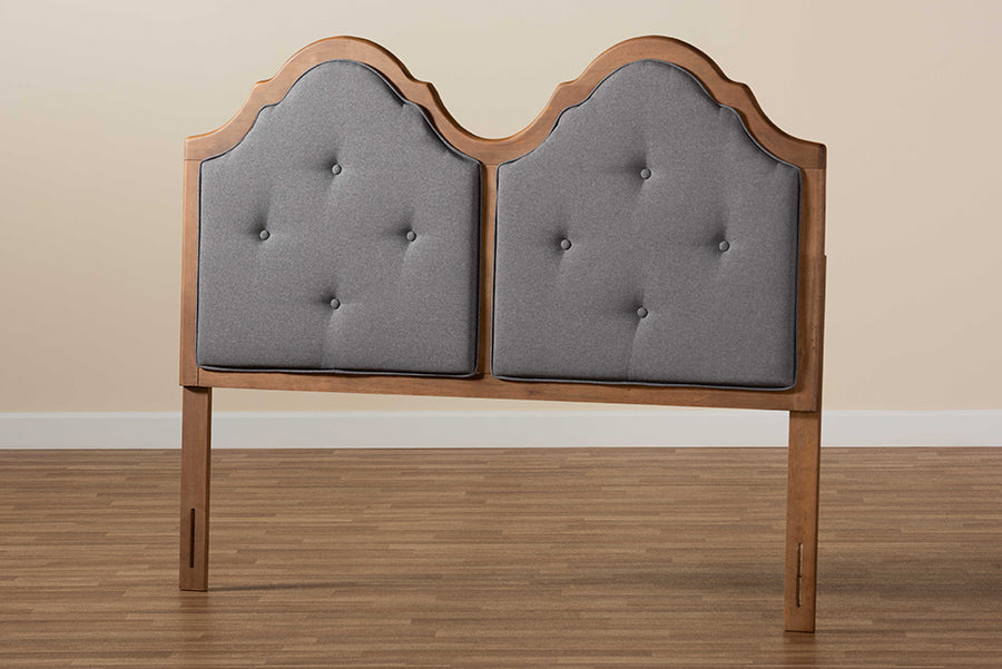 Baxton Studio Falk Vintage Classic Traditional Dark Grey Fabric Upholstered and Walnut Brown Finished Wood Queen Size Arched Headboard | Headboards | Modishstore - 3