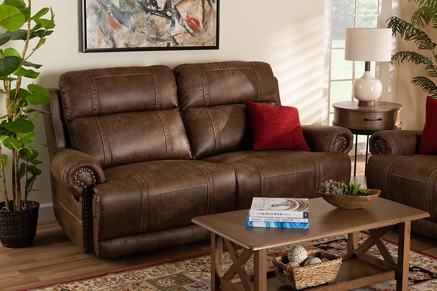 baxton studio buckley modern and contemporary light brown faux leather upholstered 2 seater reclining sofa | Modish Furniture Store-2