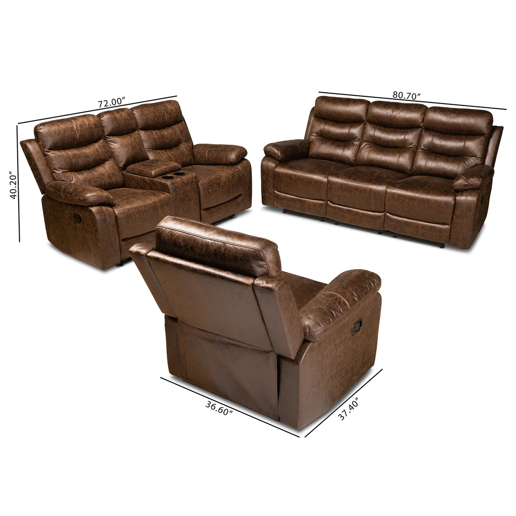 Baxton Studio Beasely Modern and Contemporary Distressed Brown Faux Leather Upholstered 3-Piece Living Room Set | Sofas | Modishstore - 2
