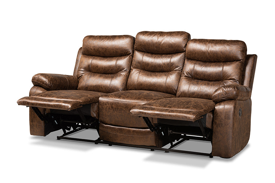 baxton studio beasely modern and contemporary distressed brown faux leather upholstered 3 seater reclining sofa | Modish Furniture Store-3