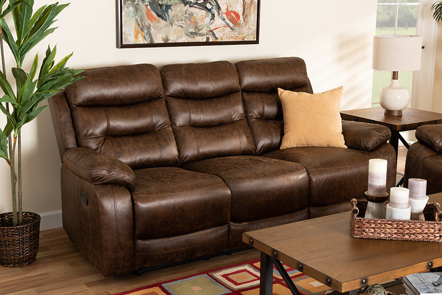 Baxton Studio Beasely Modern and Contemporary Distressed Brown Faux Leather Upholstered 3-Seater Reclining Sofa | Modishstore | Sofas