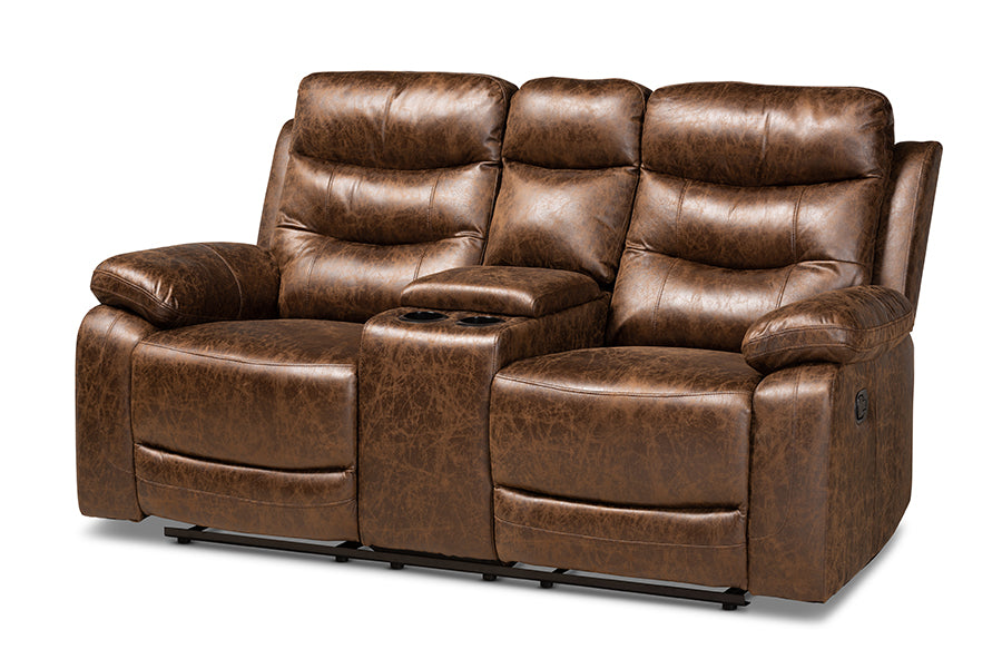baxton studio beasely modern and contemporary distressed brown faux leather upholstered 2 seater reclining loveseat | Modish Furniture Store-2
