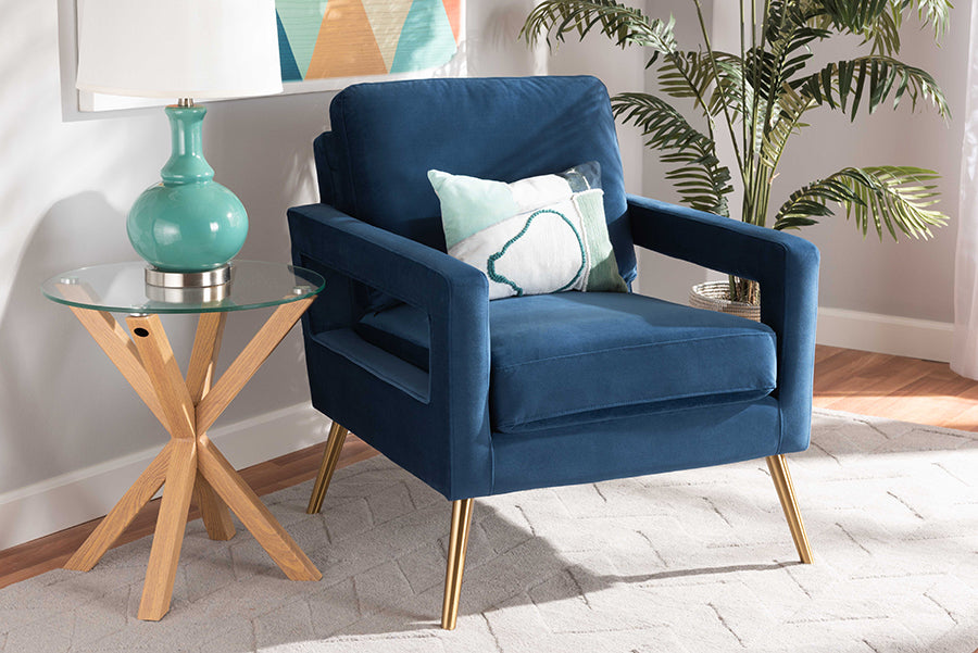 Baxton Studio Leland Glam and Luxe Navy Blue Velvet Fabric Upholstered and Gold Finished Armchair | Modishstore | Armchairs