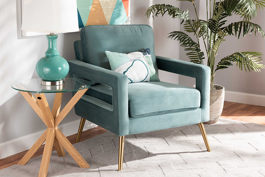 baxton studio leland glam and luxe light blue velvet fabric upholstered and gold finished armchair | Modish Furniture Store-2