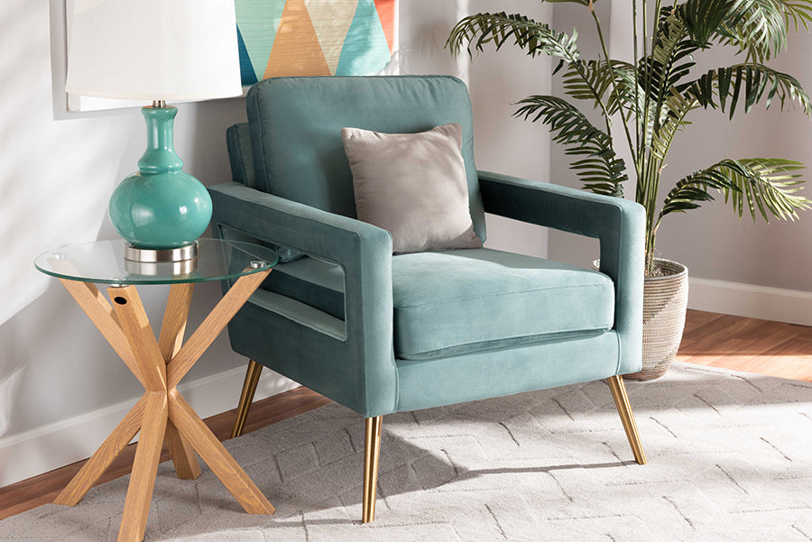 baxton studio leland glam and luxe light blue velvet fabric upholstered and gold finished armchair | Modish Furniture Store-3