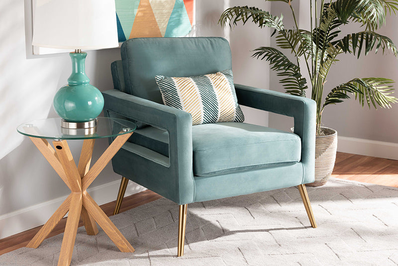 Baxton Studio Leland Glam and Luxe Light Blue Velvet Fabric Upholstered and Gold Finished Armchair | Modishstore | Armchairs