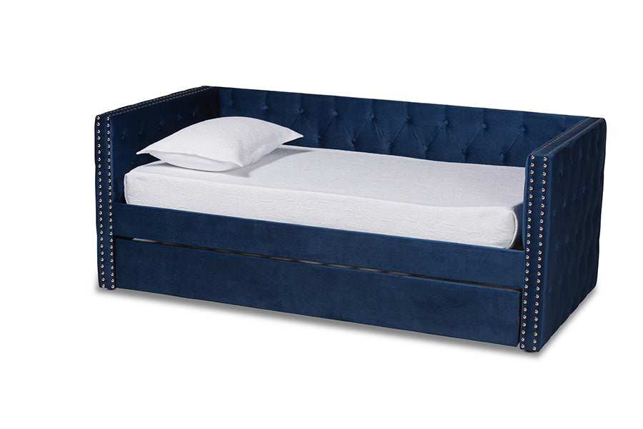 baxton studio larkin modern and contemporary navy blue velvet fabric upholstered twin size daybed with trundle | Modish Furniture Store-2