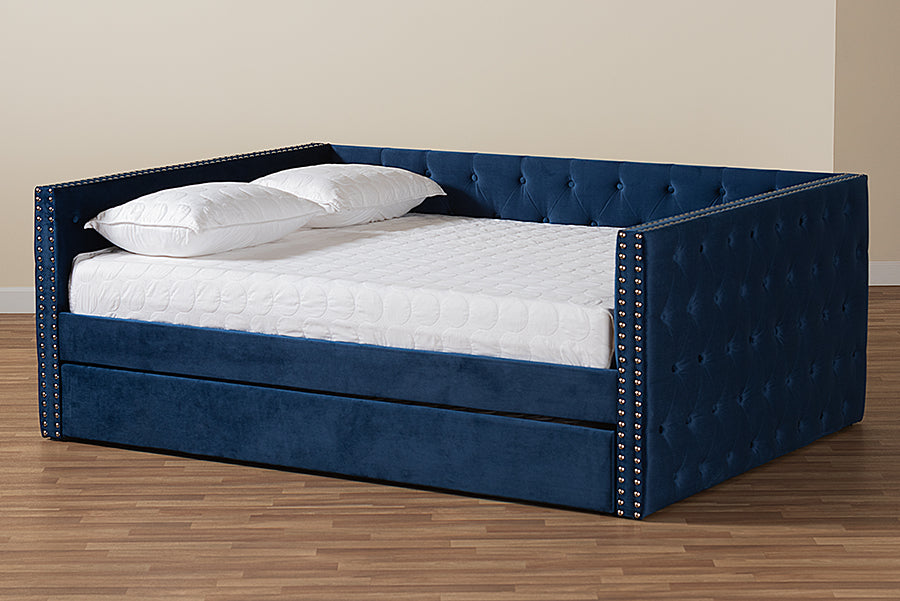 Baxton Studio Larkin Modern and Contemporary Navy Blue Velvet Fabric Upholstered Queen Size Daybed with Trundle | Daybeds | Modishstore - 3