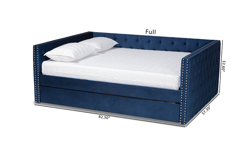 Baxton Studio Larkin Modern and Contemporary Navy Blue Velvet Fabric Upholstered Queen Size Daybed with Trundle | Daybeds | Modishstore - 7
