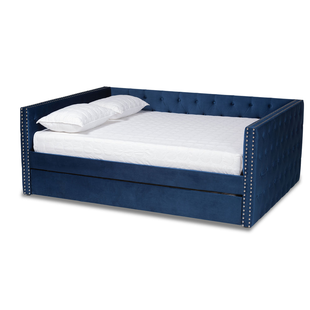 Baxton Studio Larkin Modern and Contemporary Navy Blue Velvet Fabric Upholstered Queen Size Daybed with Trundle | Daybeds | Modishstore - 2