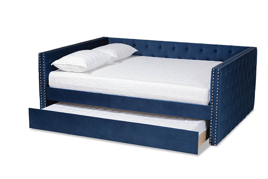 baxton studio larkin modern and contemporary navy blue velvet fabric upholstered full size daybed with trundle | Modish Furniture Store-3