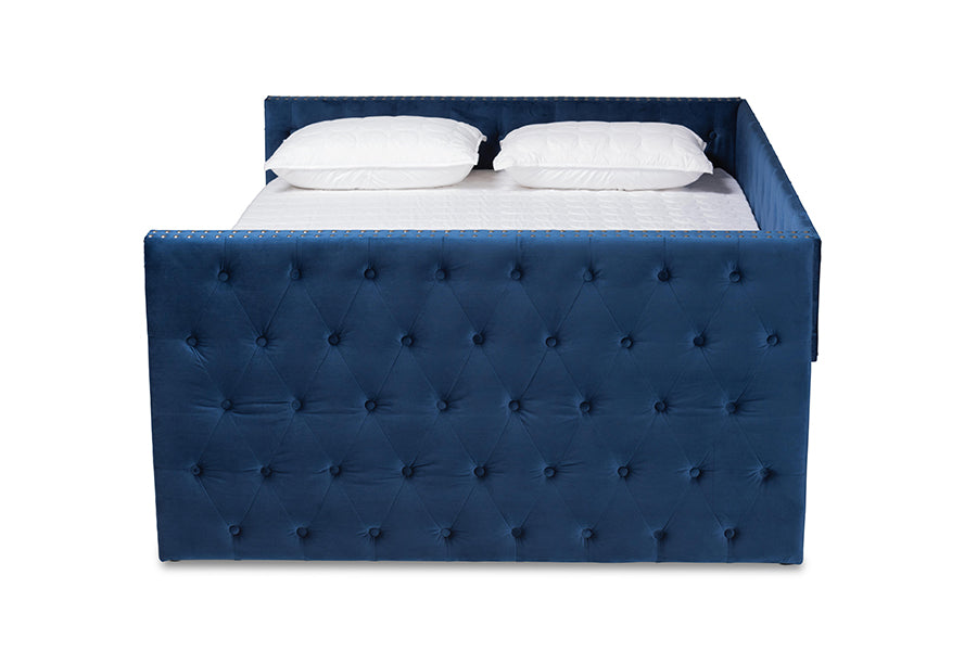 Baxton Studio Larkin Modern and Contemporary Navy Blue Velvet Fabric Upholstered Queen Size Daybed with Trundle | Daybeds | Modishstore - 4
